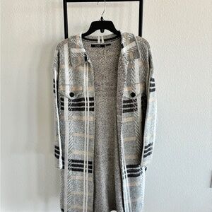 Lush Plaid Open Front Cardigan in Gray, Cream & Black
